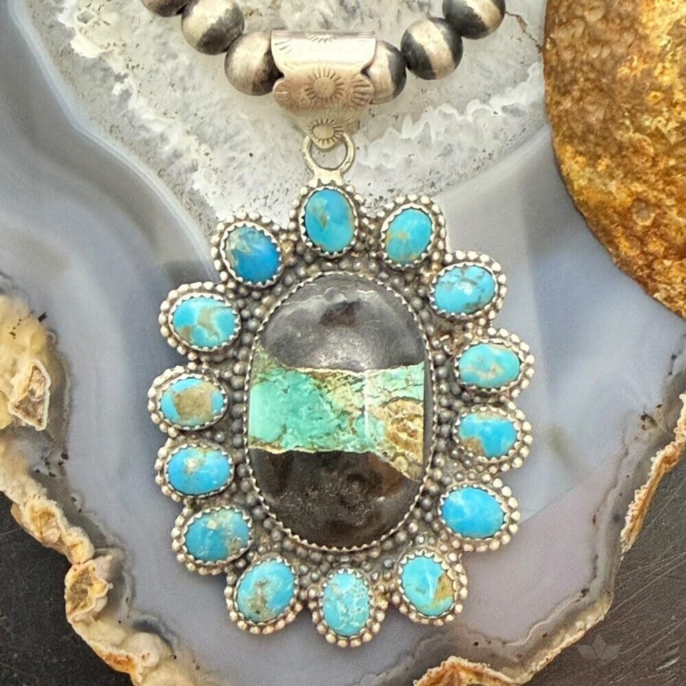 Sterling Southwestern Style Oval Blackjack Turquoise Cluster Pendant For Women